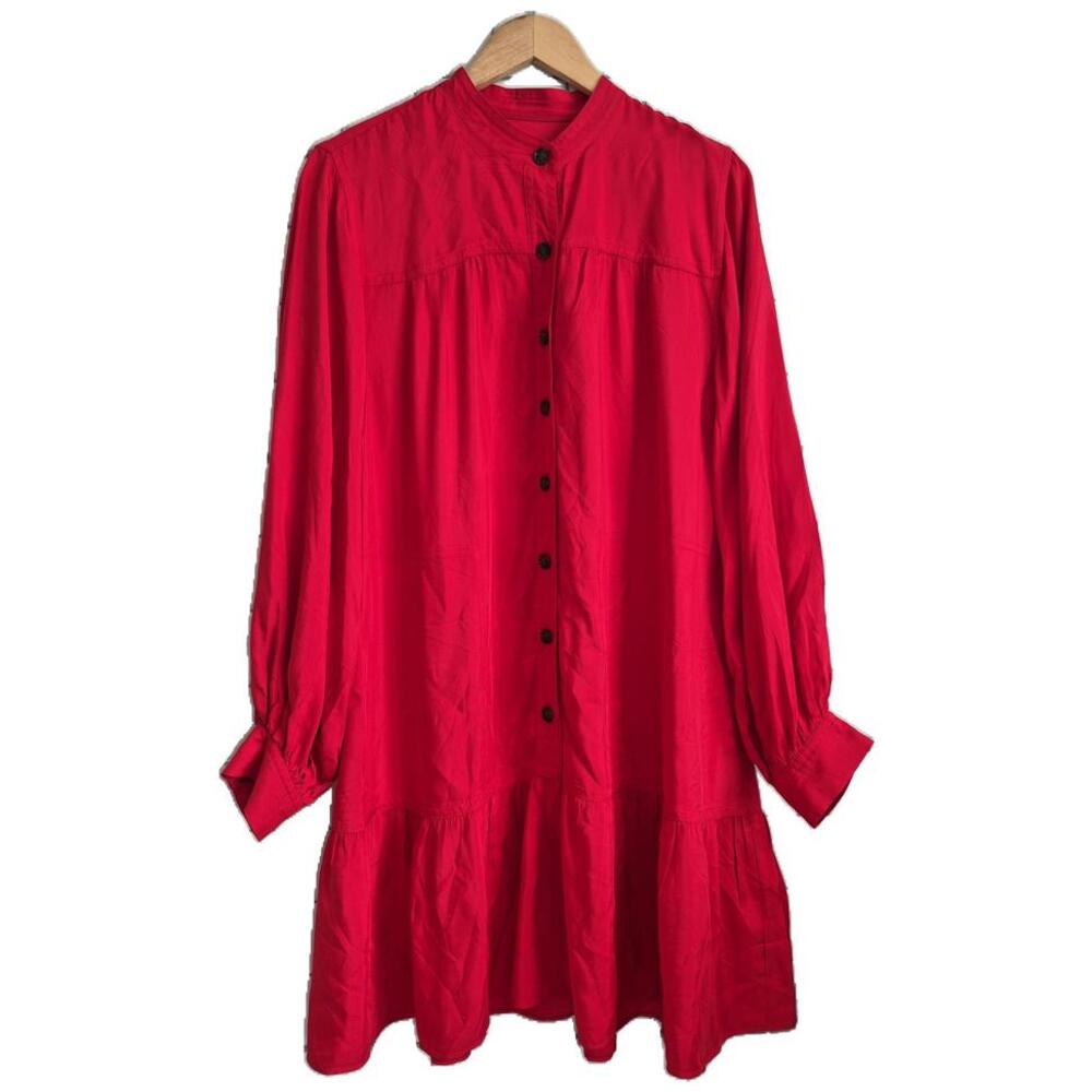 Banana Republic Ladies Red Shift Style Mini Dress Long Sleeve Button Front Pocke